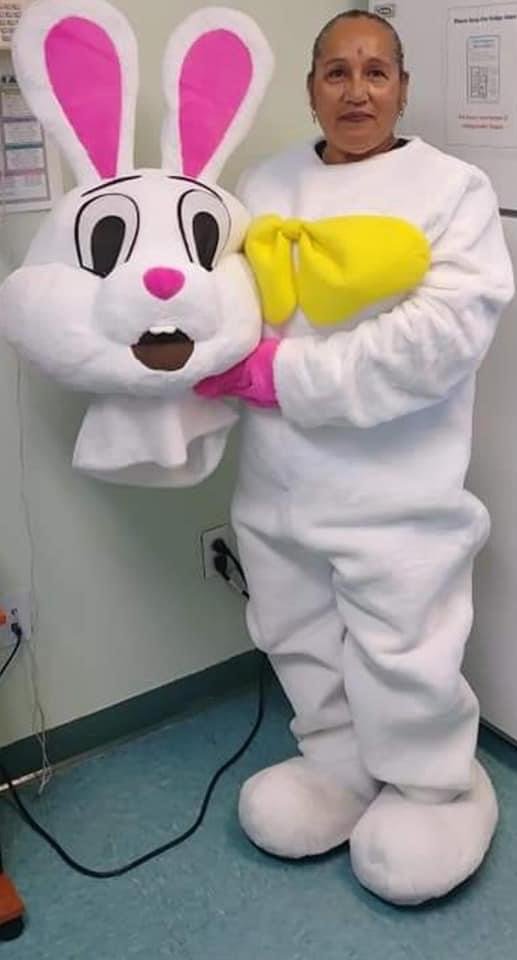 Trinidad Perez, known as Kandie, dresses up as the Easter Bunny for a Relay for a Life fundraiser.