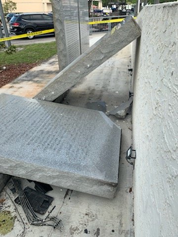 These monuments suffered damage during a traffic accident but are most likely repairable. Gregg Maynard, local veteran, and Matt Buxton, from Buxton and Bass Funeral Home, will make sure the job gets done.