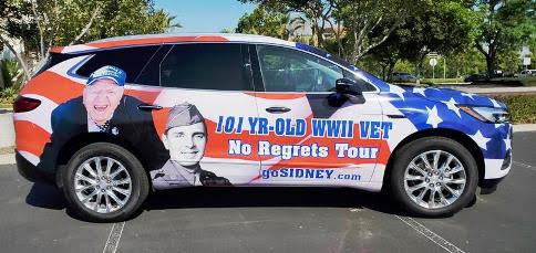 Sidney Walton tours the United States raising awareness of veterans who have sacrificed so much for our country. His car was recently updates to reflect his new milestone. He is now 102 years old.