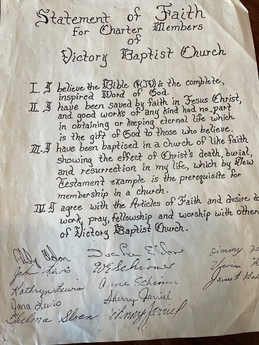 Victory Baptist Church Statement of Faith was signed by charter members.