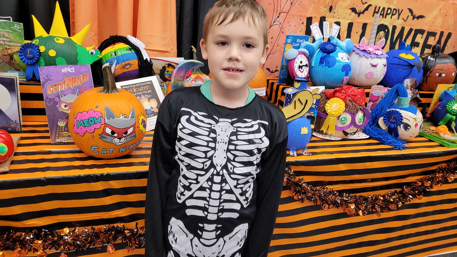 Fourth grader, Liam, was around to show off his pumpkin, Cat Ninja.